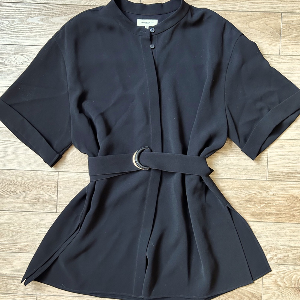 Lafayette 148 Black Button-Up Belted Top